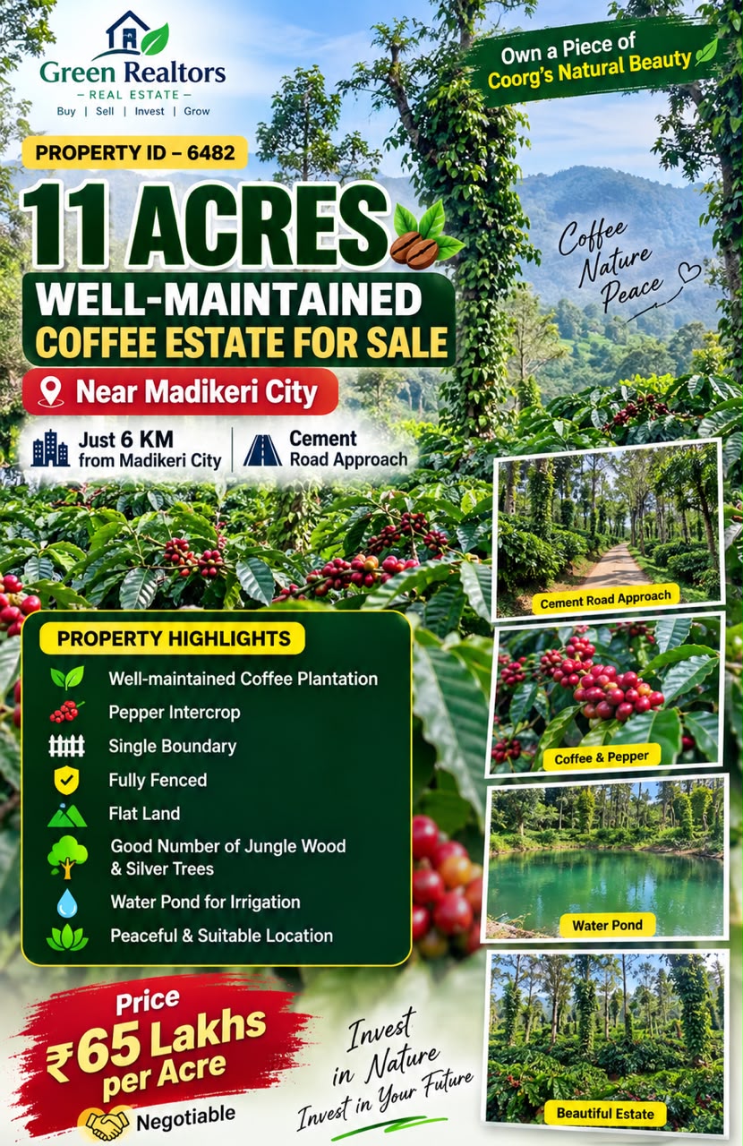  *PROPERTY ID – 6482*  ☕🌿 *11 ACRES WELL-MAINTAINED COFFEE ESTATE FOR SALE – NEAR MADIKERI CITY* 🌿☕