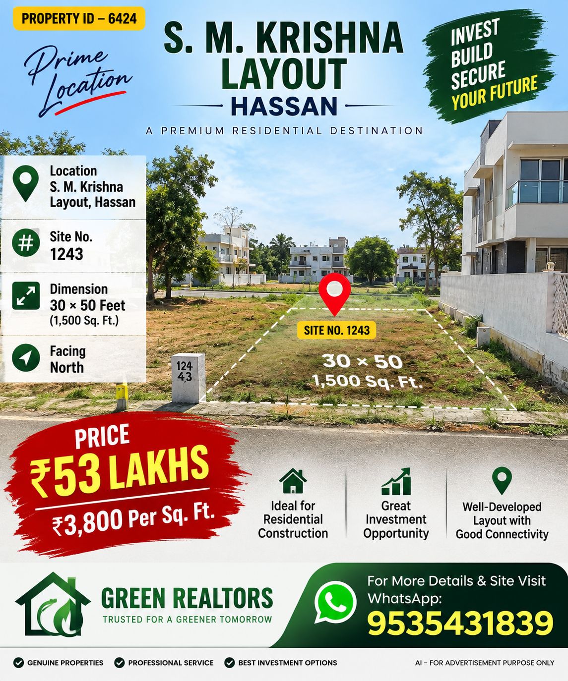  *PROPERTY ID – 6424*  🏡✨ *NORTH-FACING SITE FOR SALE – S. M. KRISHNA LAYOUT, HASSAN
