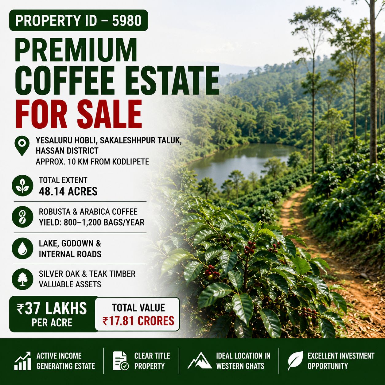 *property id 5980* 🏷️ *PREMIUM COFFEE ESTATE FOR SALE – SAKLESHPUR, HASSAN* ☕🌿
