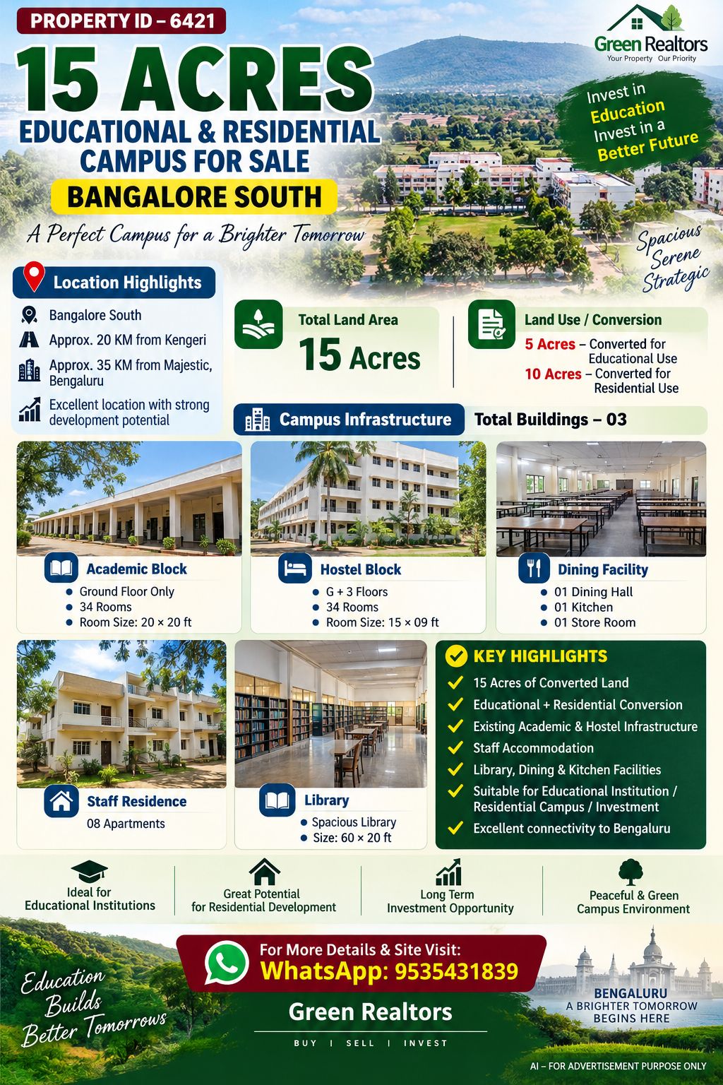 PROPERTY ID –6421  🏫🏡 15 ACRES EDUCATIONAL & RESIDENTIAL CAMPUS FOR SALE – BANGALORE SOUTH 