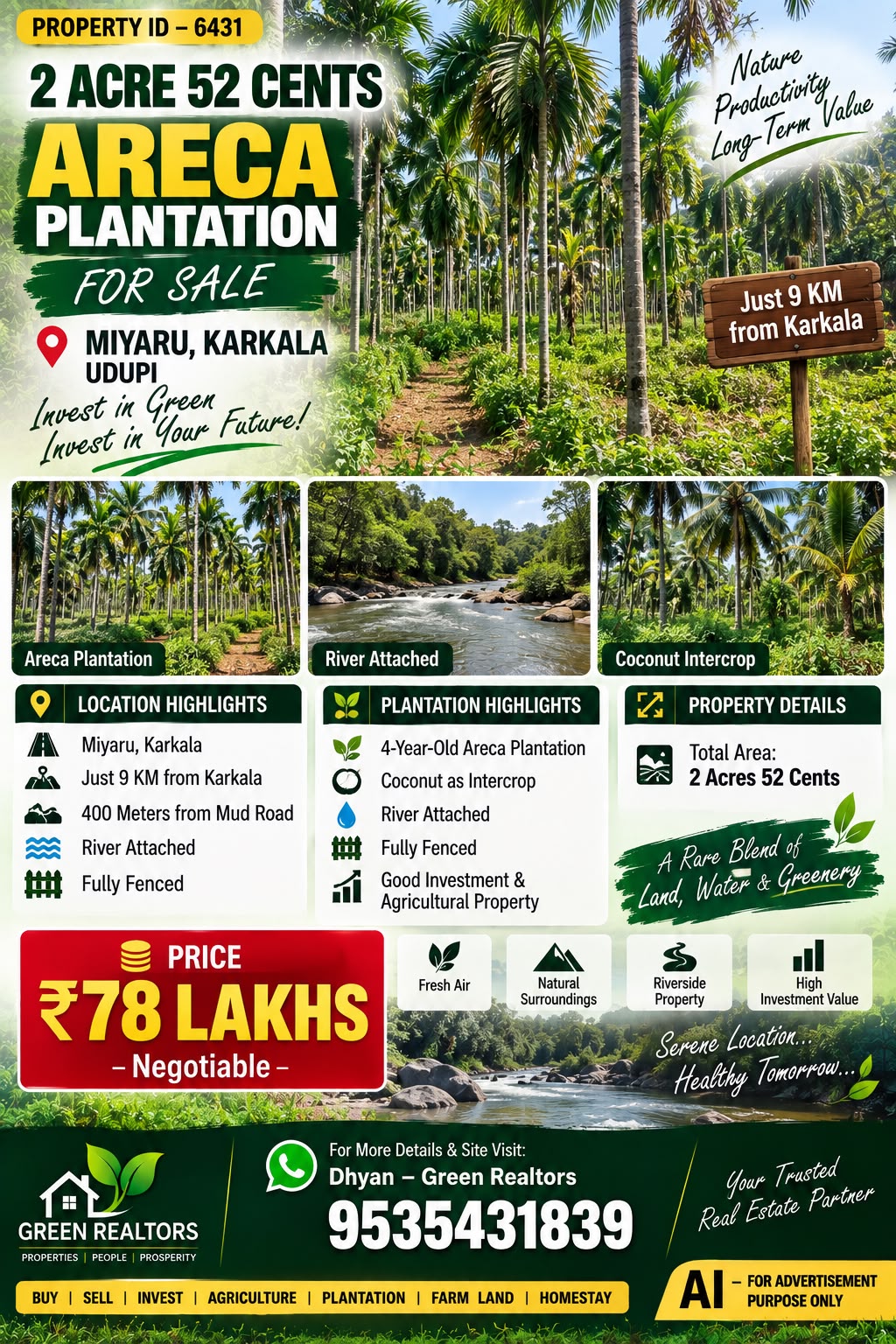 PROPERTY ID – 6431  🌴🏡 2 ACRE 52 CENTS ARECA PLANTATION FOR SALE – MIYARU, KARKALA 🏡🌴 UDUPI