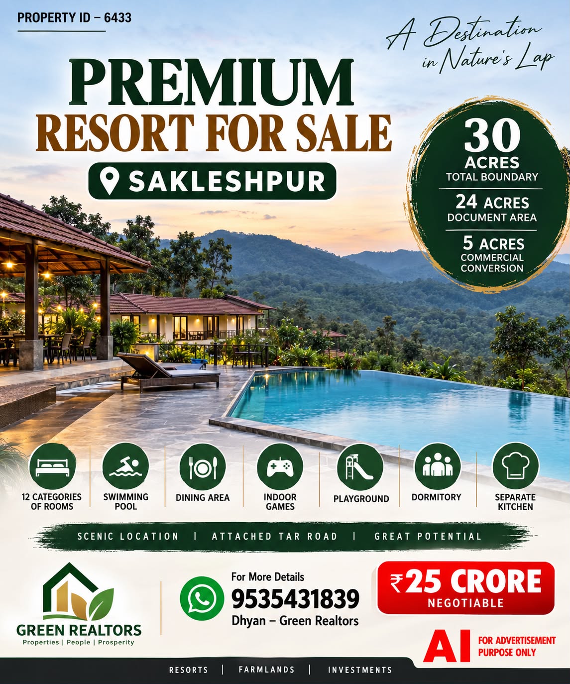 PROPERTY ID – 6433  🏨🌿 PREMIUM RESORT FOR SALE – SAKLESHPUR🌿🏨