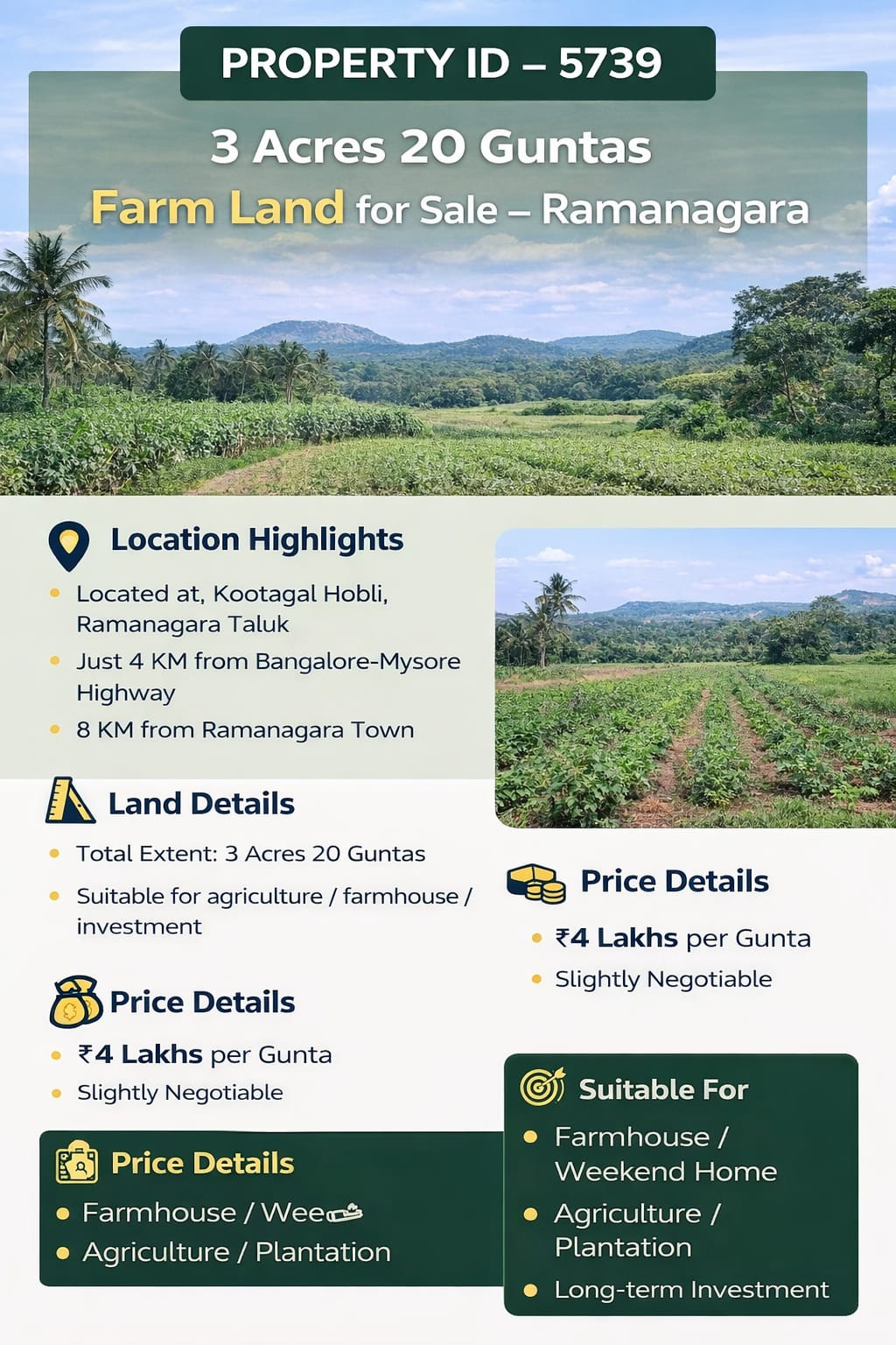 PROPERTY ID – 5739* 🌿 *3 Acres 20 Guntas Farm Land for Sale – Ramanagara*