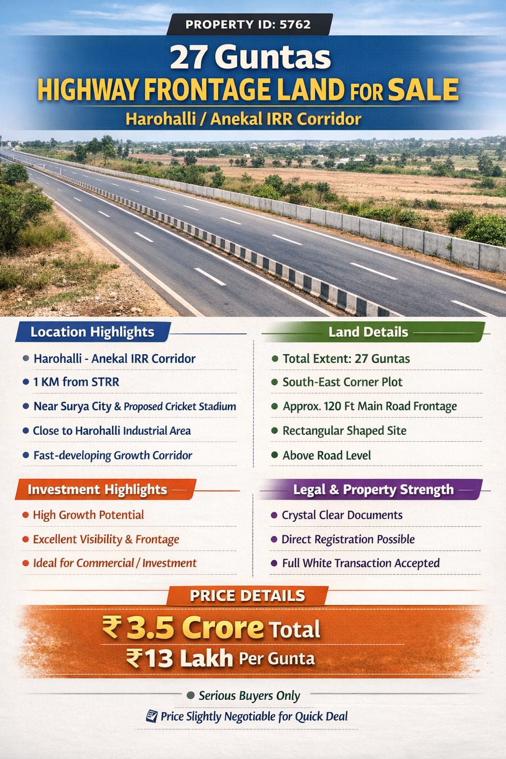 PROPERTY ID – 5762* 🏢 *27 Guntas Highway Frontage Land for sale