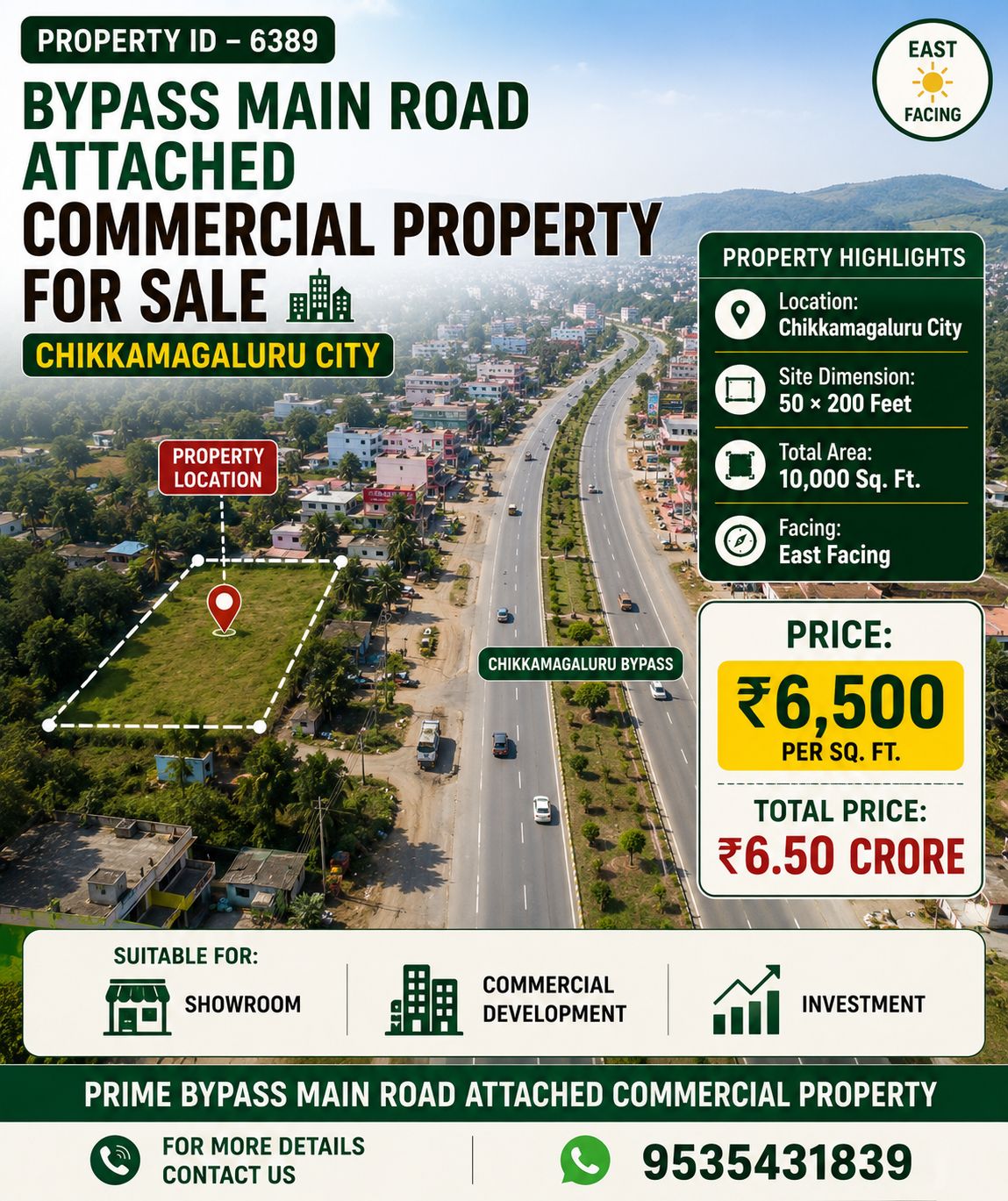 PROPERTY ID – 6389*  🏢🛣️ *BYPASS MAIN ROAD ATTACHED COMMERCIAL PROPERTY FOR SALE – CHIKKAMAGALURU CITY* 