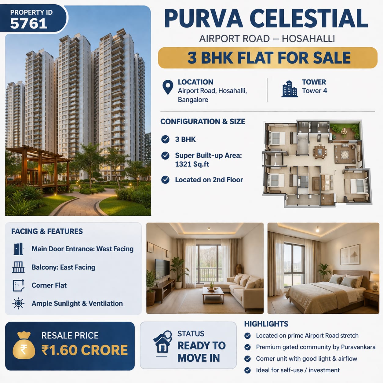 Property id 5761*  *PURVA CELESTIAL Airtport road  – 3 BHK  FLAT FOR SALE*