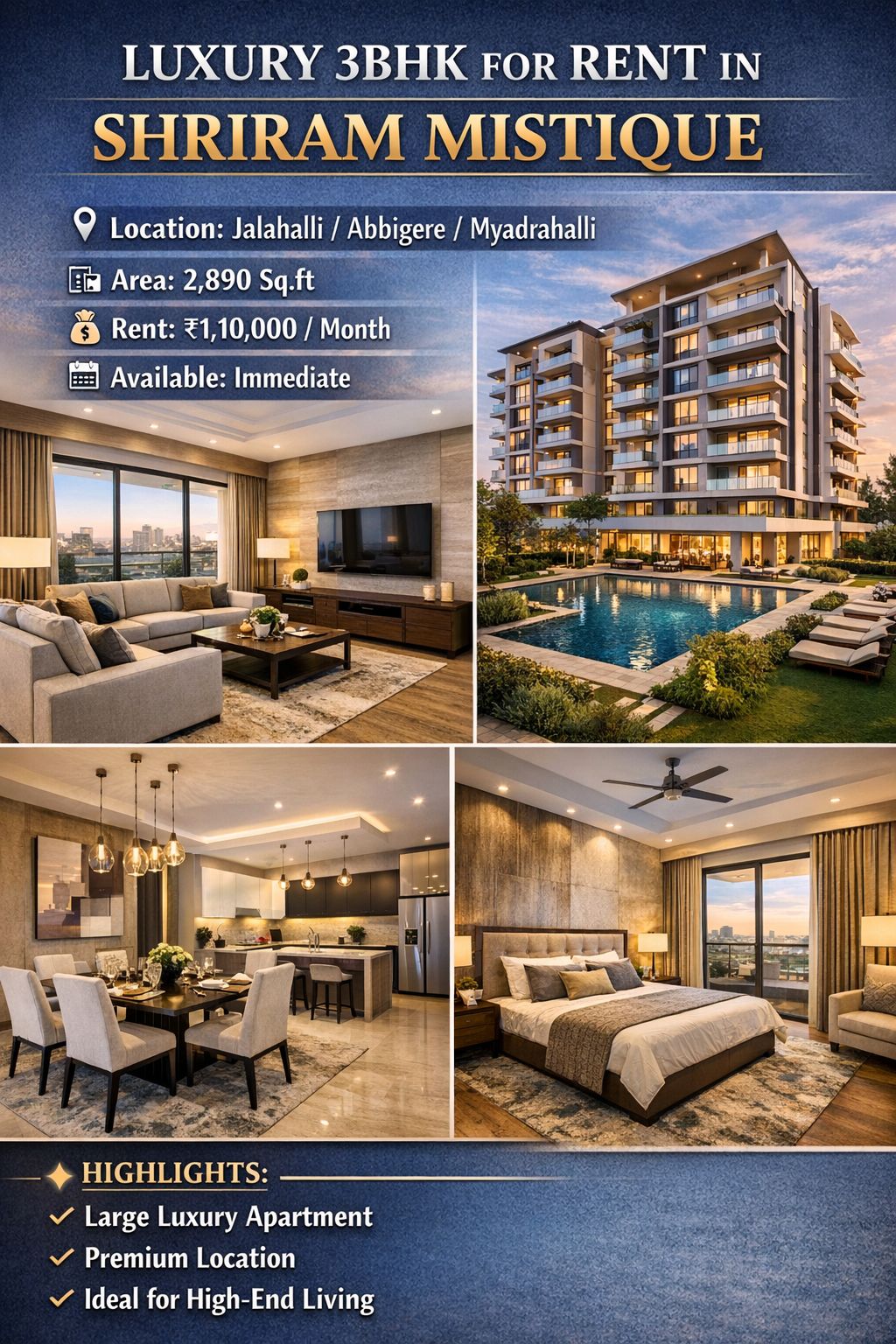 property id 5755* *LUXURY 3BHK for rent in – SHRIRAM MISTIQUE*