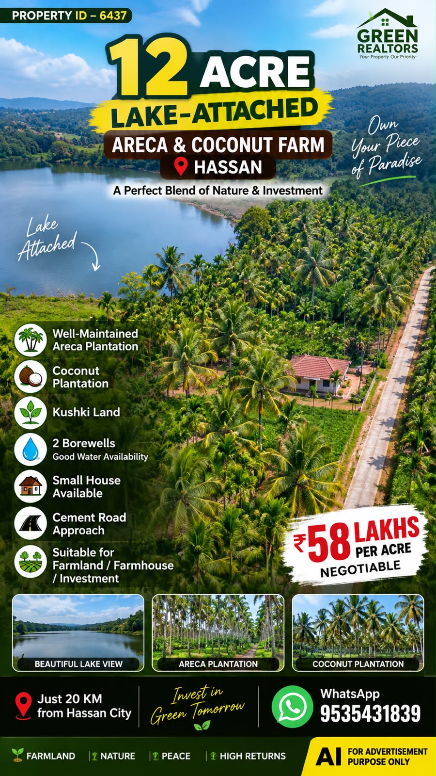 🆔 *PROPERTY ID – 6437*  🌴🏡 *12 ACRE LAKE-ATTACHED ARECA & COCONUT FARM FOR SALE – HASSAN