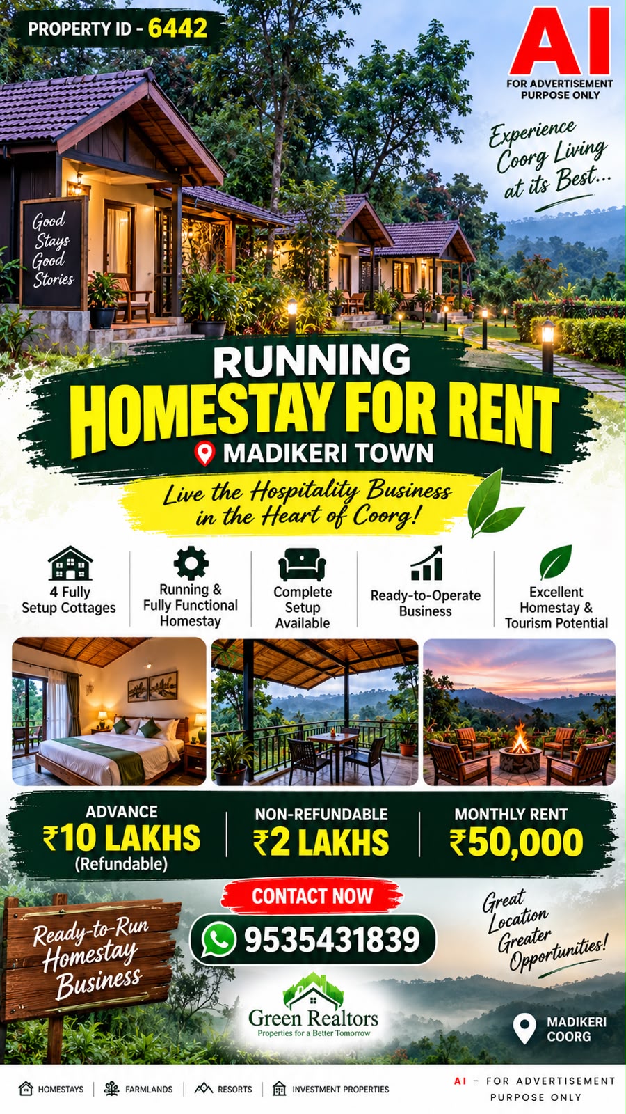 🆔 *PROPERTY ID – 6442*  🏡🌿 *RUNNING HOMESTAY FOR RENT – MADIKERI TOWN 