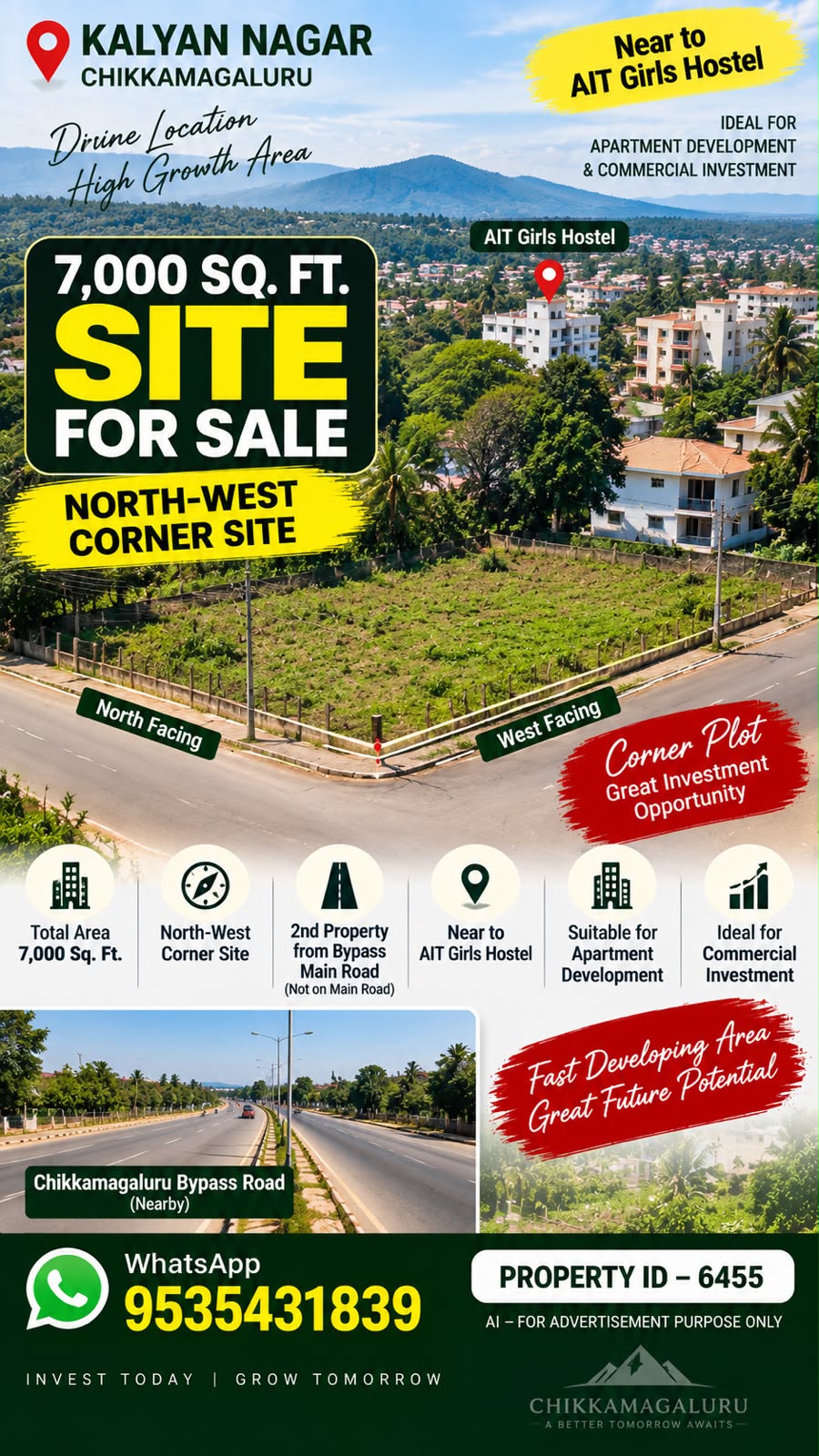 🆔 *PROPERTY ID – 6455*  🏡📍 *7,000 SQ. FT. CORNER SITE FOR SALE – KALYAN NAGAR, CHIKKAMAGALURU 📍🏡*