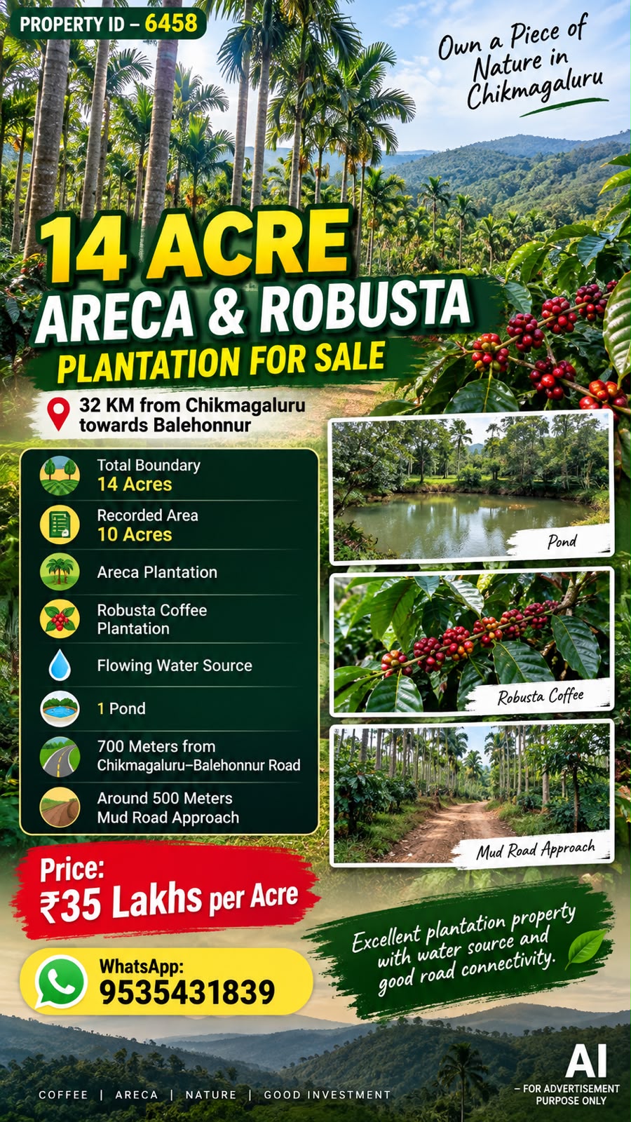 🆔 *PROPERTY ID – 6458*  🌿☕🌴 *14 ACRE ARECA & ROBUSTA PLANTATION FOR SALE – CHIKMAGALURU •*