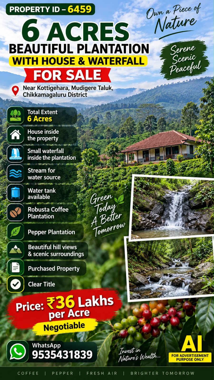 🆔 *PROPERTY ID – 6459*  🌿🏡💦 *6 ACRES BEAUTIFUL PLANTATION WITH HOUSE & WATERFALL FOR SALE – KOTTIGEHARA, MUDIGERE* 💦🏡🌿