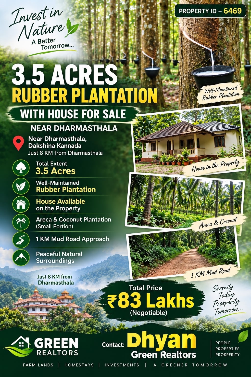 🆔 *PROPERTY ID – 6469-*  🌿🏡 *3.5 ACRES RUBBER PLANTATION WITH HOUSE FOR SALE – NEAR DHARMASTHALA*