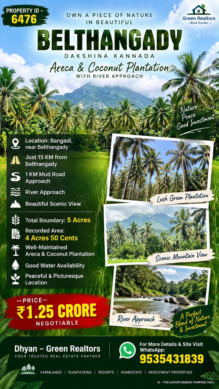 🆔 *PROPERTY ID – 6476*  🌴🌿 *RIVER FACING 5 ACRES ARECA & COCONUT PLANTATION FOR SALE –BELTHANGADY* 🌿🌴