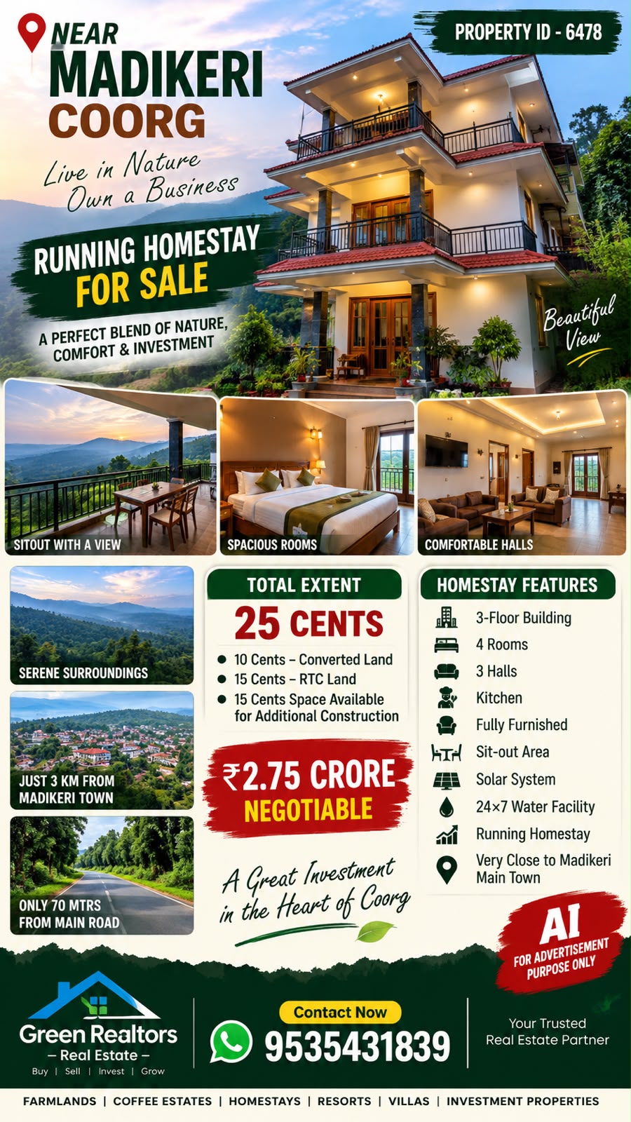 🆔 *PROPERTY ID –6478*  🏡🌿 *RUNNING HOMESTAY FOR SALE – NEAR MADIKERI, COORG*🌿🏡