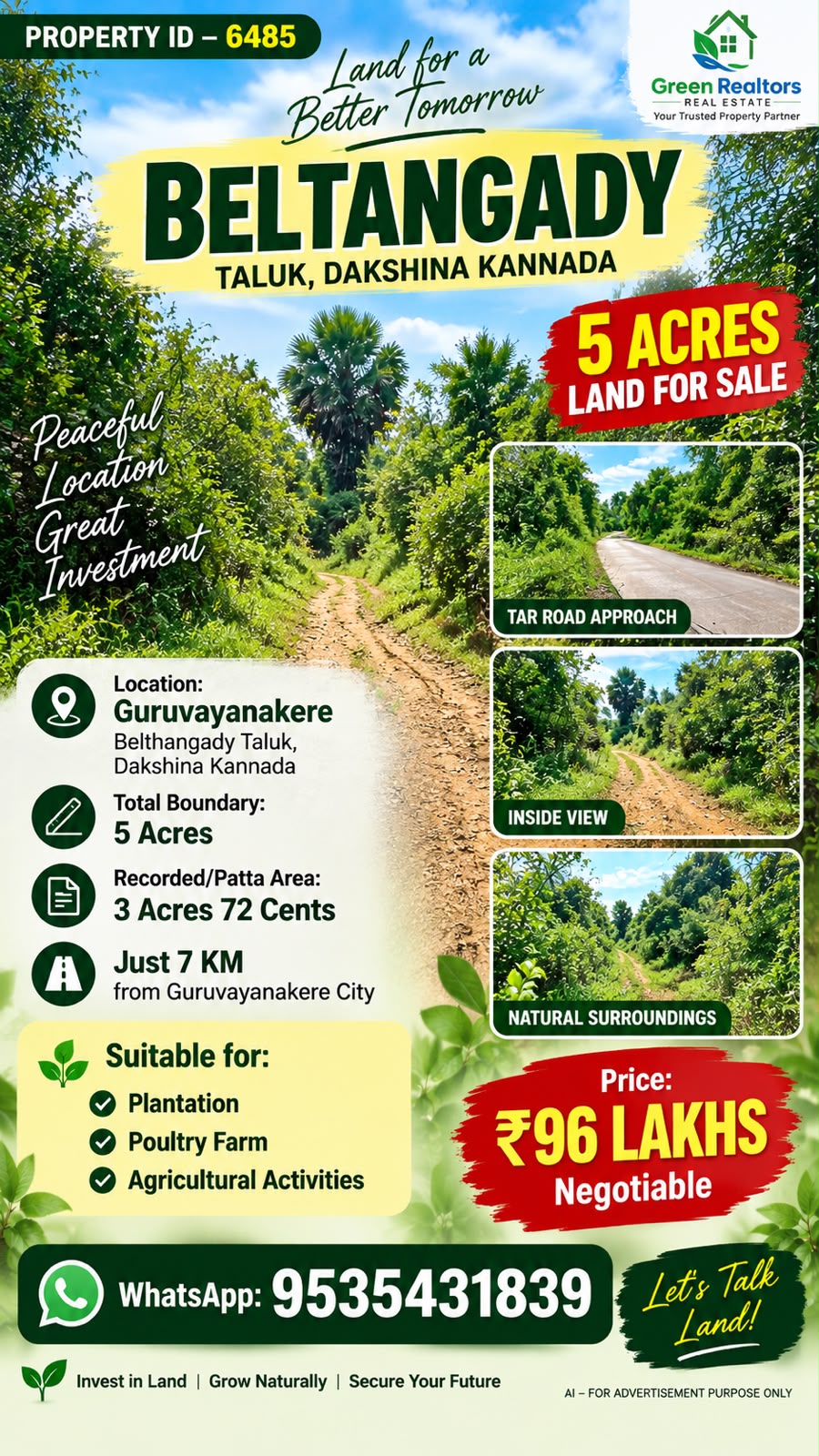 🆔 *PROPERTY ID –6485*  🌿🌴 *5 ACRES LAND FOR SALE – GURUVAYANAKERE*🌴🌿