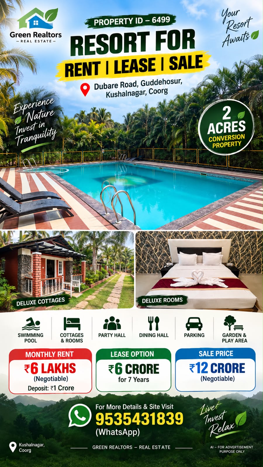 🆔 *PROPERTY ID – 6499*  🏨🌿 *PREMIUM 2-ACRE CONVERSION PROPERTY WITH RESORT FOR RENT, LEASE OR SALE – KUSHALNAGAR*🌿