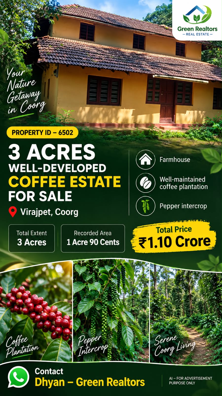 🆔 *PROPERTY ID – 6502*  ☕🌿 *3 ACRES WELL-DEVELOPED COFFEE ESTATE FOR SALE – VIRAJPET*🌿☕