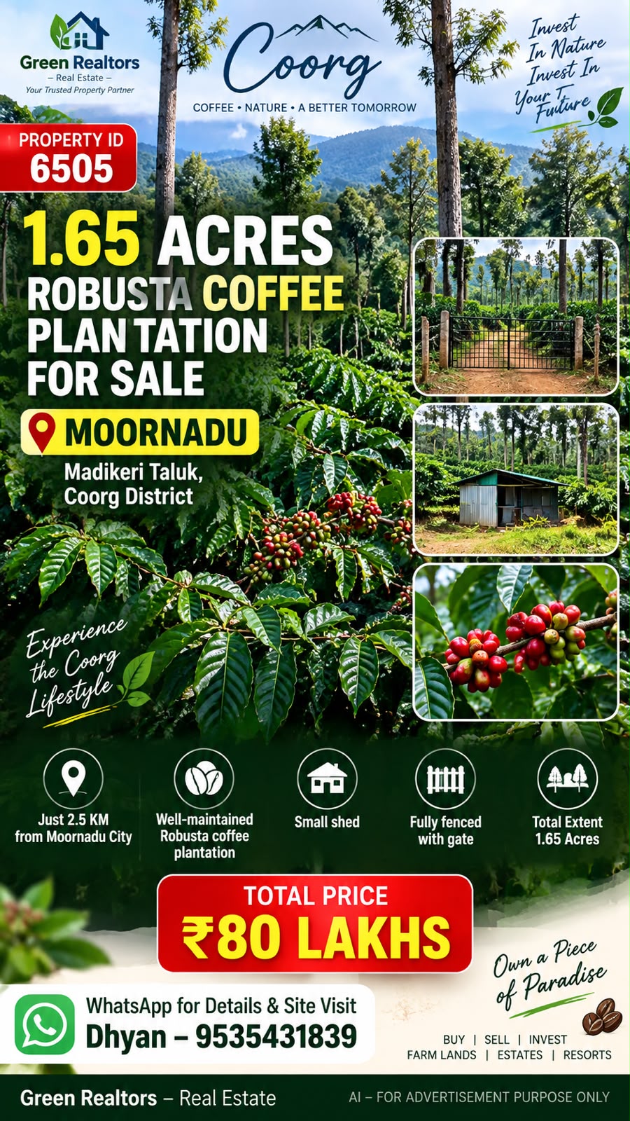 🆔 *PROPERTY ID –6505*  ☕🌿 *1.65 ACRES ROBUSTA COFFEE PLANTATION FOR SALE – MOORNADU*🌿☕