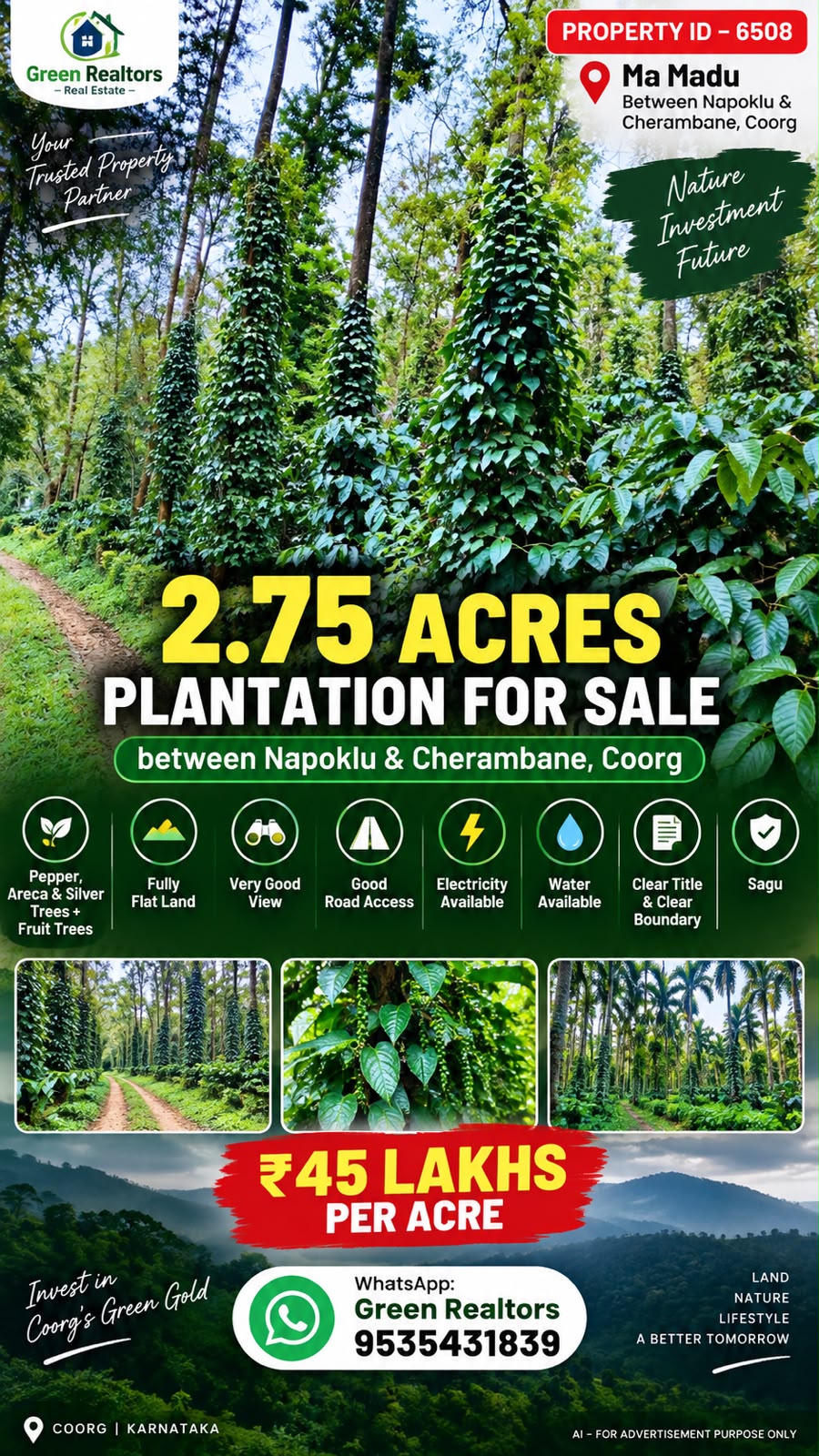 🆔 *PROPERTY ID – 6508*  🌿 *2.75 ACRES WELL-MAINTAINED PLANTATION FOR SALE – between Napoklu & Cherambane, Coorg*