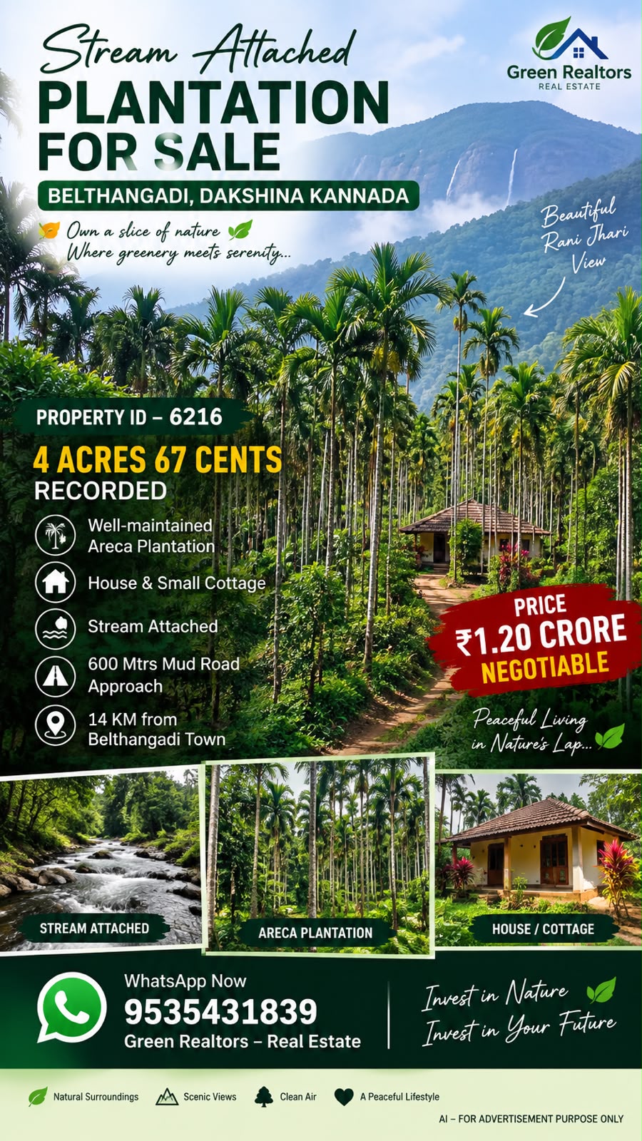 🆔 *PROPERTY ID – 6509*  🌿🏡 *STREAM-ATTACHED ARECA PLANTATION WITH HOUSE FOR SALE – BELTHANGADI, DAKSHINA KANNADA* 🌿