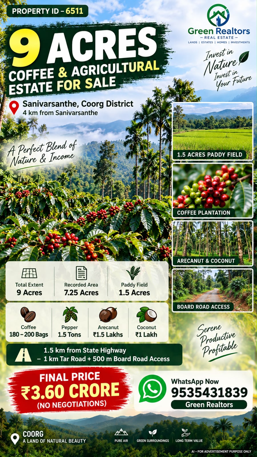 🆔 *PROPERTY ID – 6511*  ☕🌿 *9 ACRES COFFEE & AGRICULTURAL ESTATE FOR SALE – SANIVARSANTHE, COORG* 🌿☕