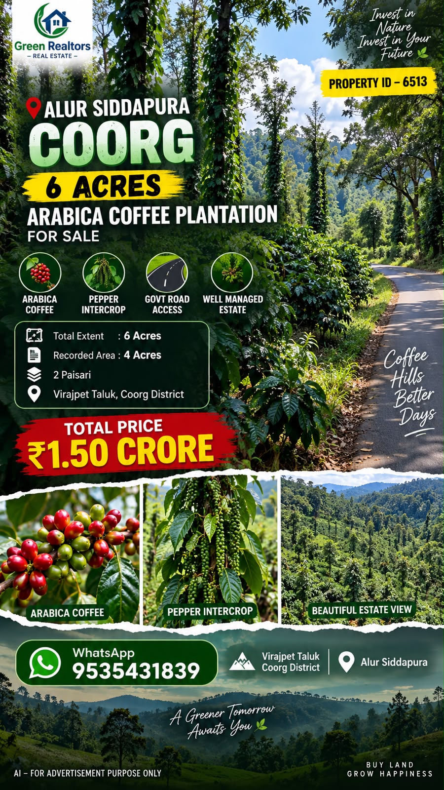 🆔 *PROPERTY ID – 6513*  ☕🌿 *6 ACRES ARABICA COFFEE PLANTATION FOR SALE – ALUR SIDDAPURA, COORG*