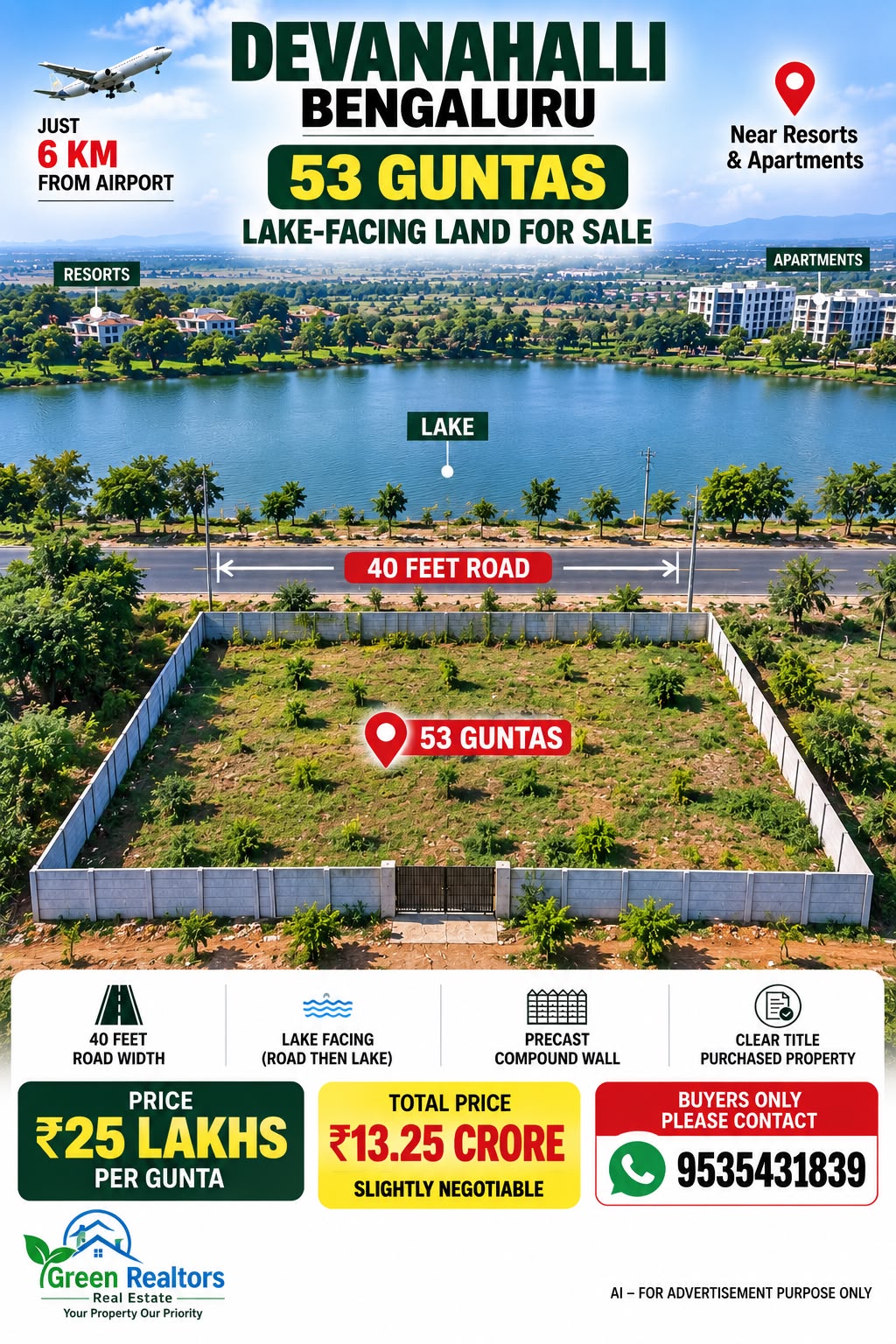 🆔 *PROPERTY ID – 6514*  🌊🏡 *53 GUNTAS LAKE-FACING LAND FOR SALE – DEVANAHALLI, BENGALURU