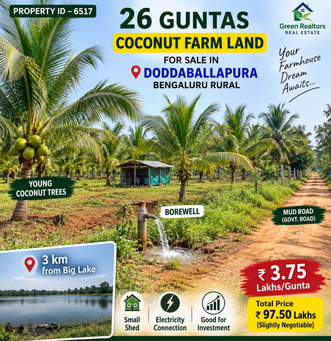 🆔 *PROPERTY ID – 6517*  🥥🌴 *26 GUNTAS COCONUT FARM LAND FOR SALE – DODDABALLAPURA* *BENGALURU RURAL*