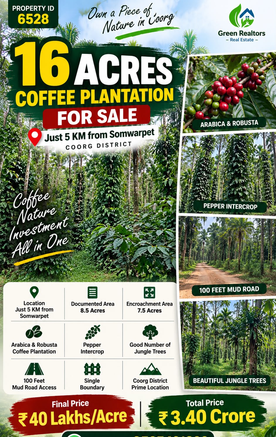 🆔 *PROPERTY ID – 6528*  ☕🌿 *16 ACRES COFFEE PLANTATION FOR SALE – SOMWARPET, COORG*
