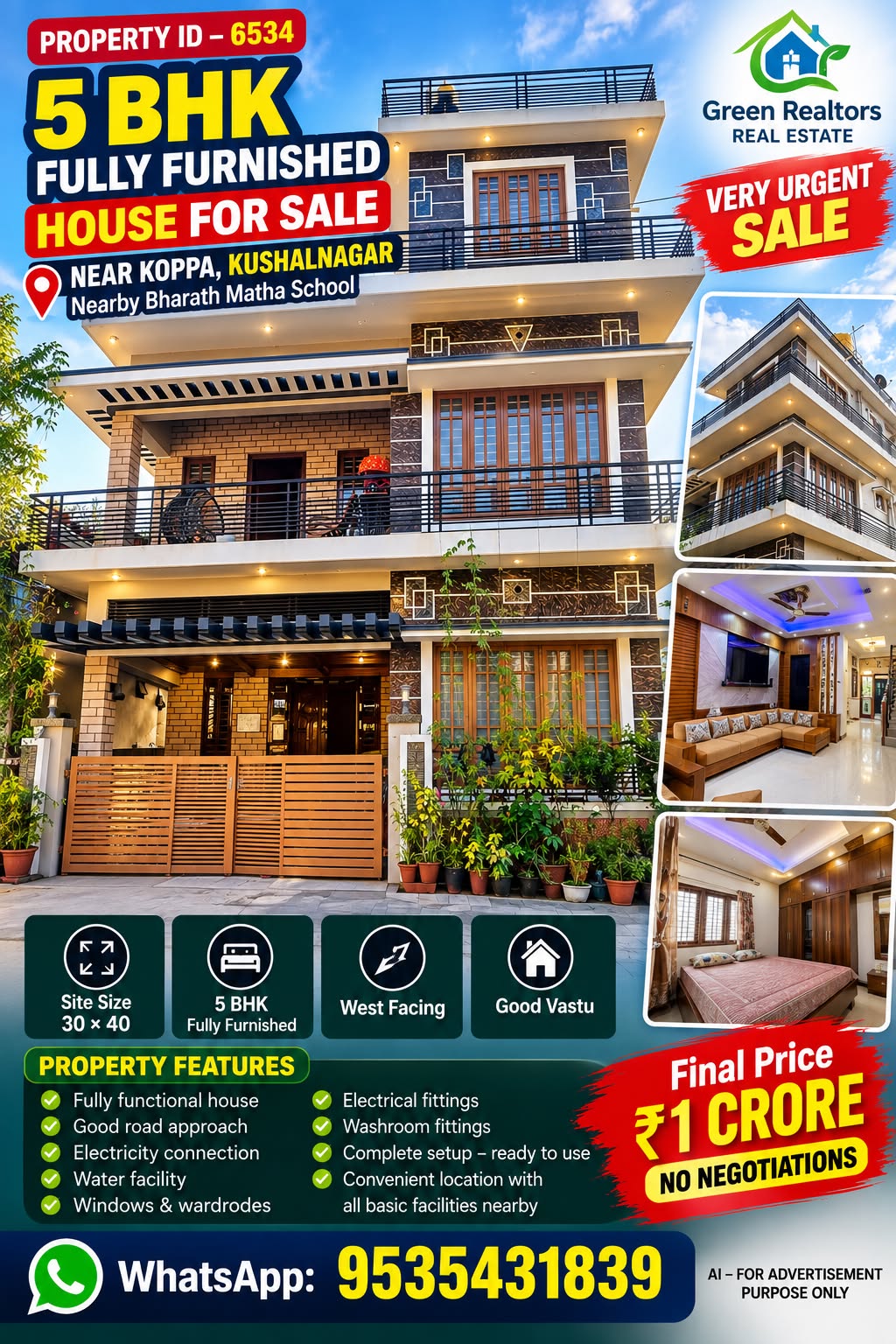 🆔 *PROPERTY ID – 6534*  🏡✨ *5 BHK FULLY FURNISHED HOUSE FOR SALE – NEAR KOPPA*,  *KUSHALNAGAR*