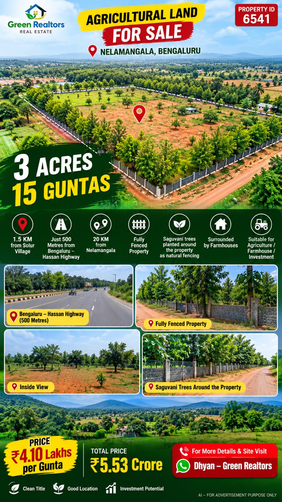 🆔 *PROPERTY ID – 6541*  🌿🏡 *3 ACRES 15 GUNTAS AGRICULTURAL LAND FOR SALE – NELAMANGALA BENGALURU*