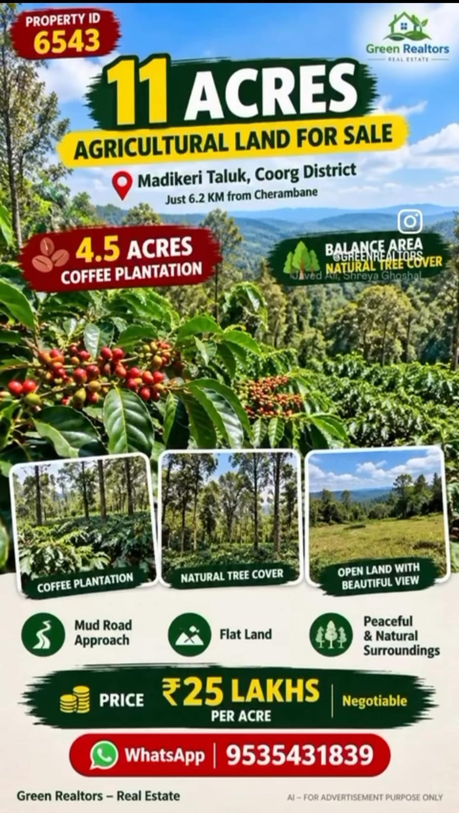 🆔 *PROPERTY ID – 6543*  🌿☕ *11 ACRES AGRICULTURAL LAND WITH 4.5 ACRES COFFEE PLANTATION FOR SALE – CHERAMBANE, COORG