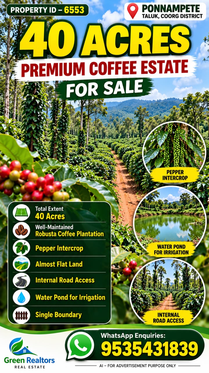 🆔 *PROPERTY ID – 6553*  ☕🌿 *40 ACRES PREMIUM COFFEE ESTATE FOR SALE – PONNAMPETE, COORG*
