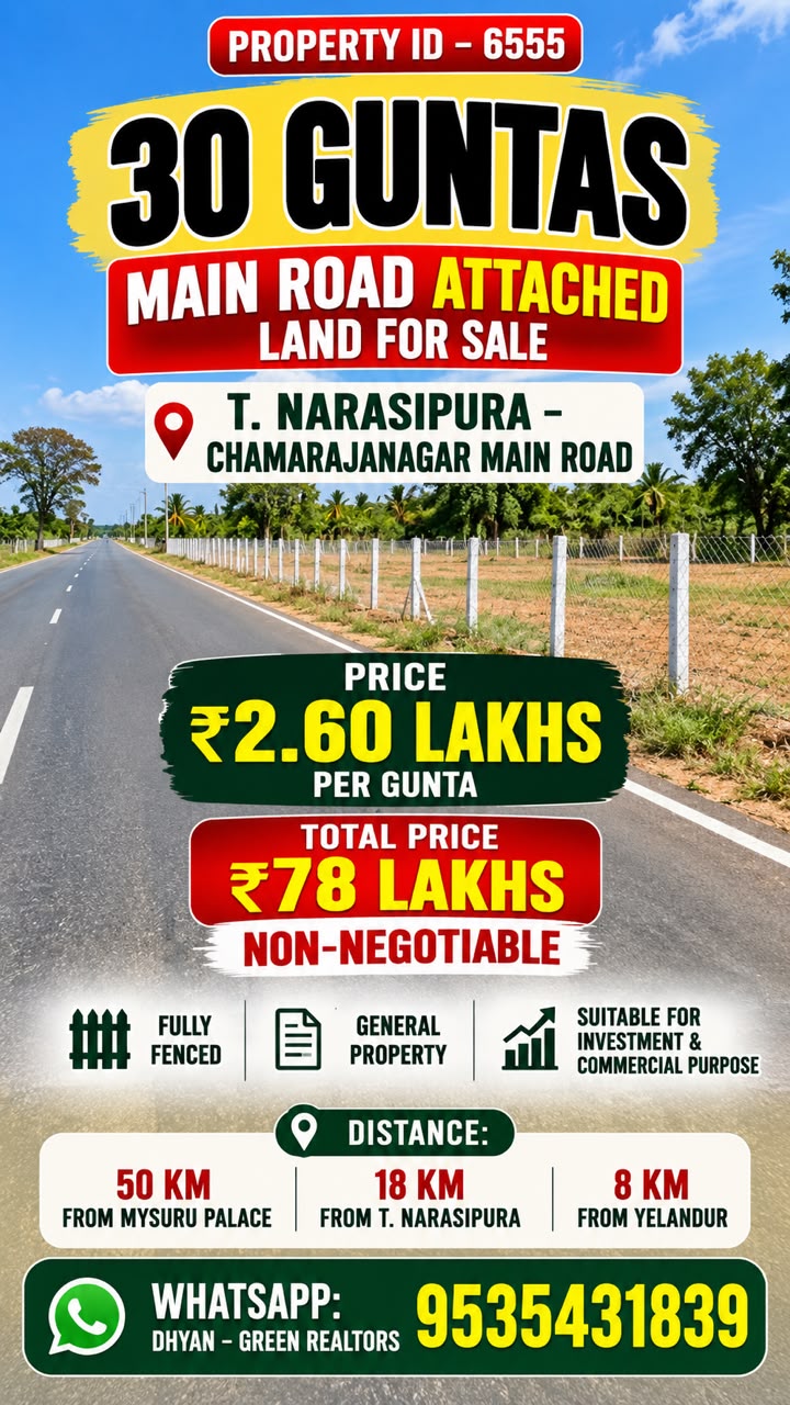 🆔 *PROPERTY ID – 6555*  🌿🏞️ *30 GUNTAS LAND FOR SALE – T. NARASIPURA – CHAMARAJANAGAR MAIN ROAD*