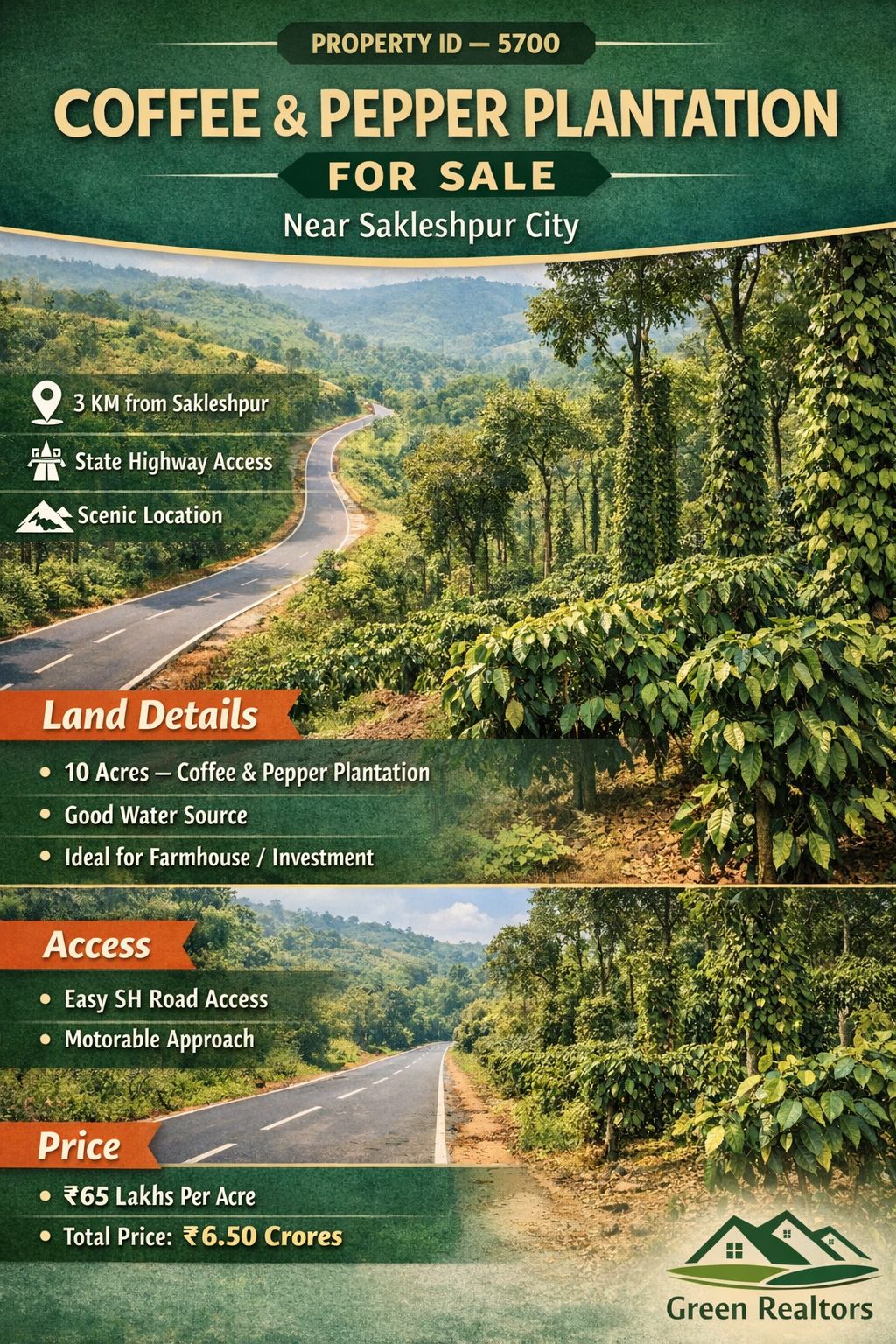 🆔 *PROPERTY ID – 5700* ☕🌿 *10 Acres state highway approach Coffee & Pepper Plantation for Sale