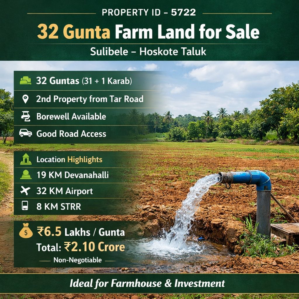 🆔 *PROPERTY ID – 5722*  🌿 *32 Gunta Farm Land for Sale – Sulibele, Hoskote Taluk, Bangalore Rural*