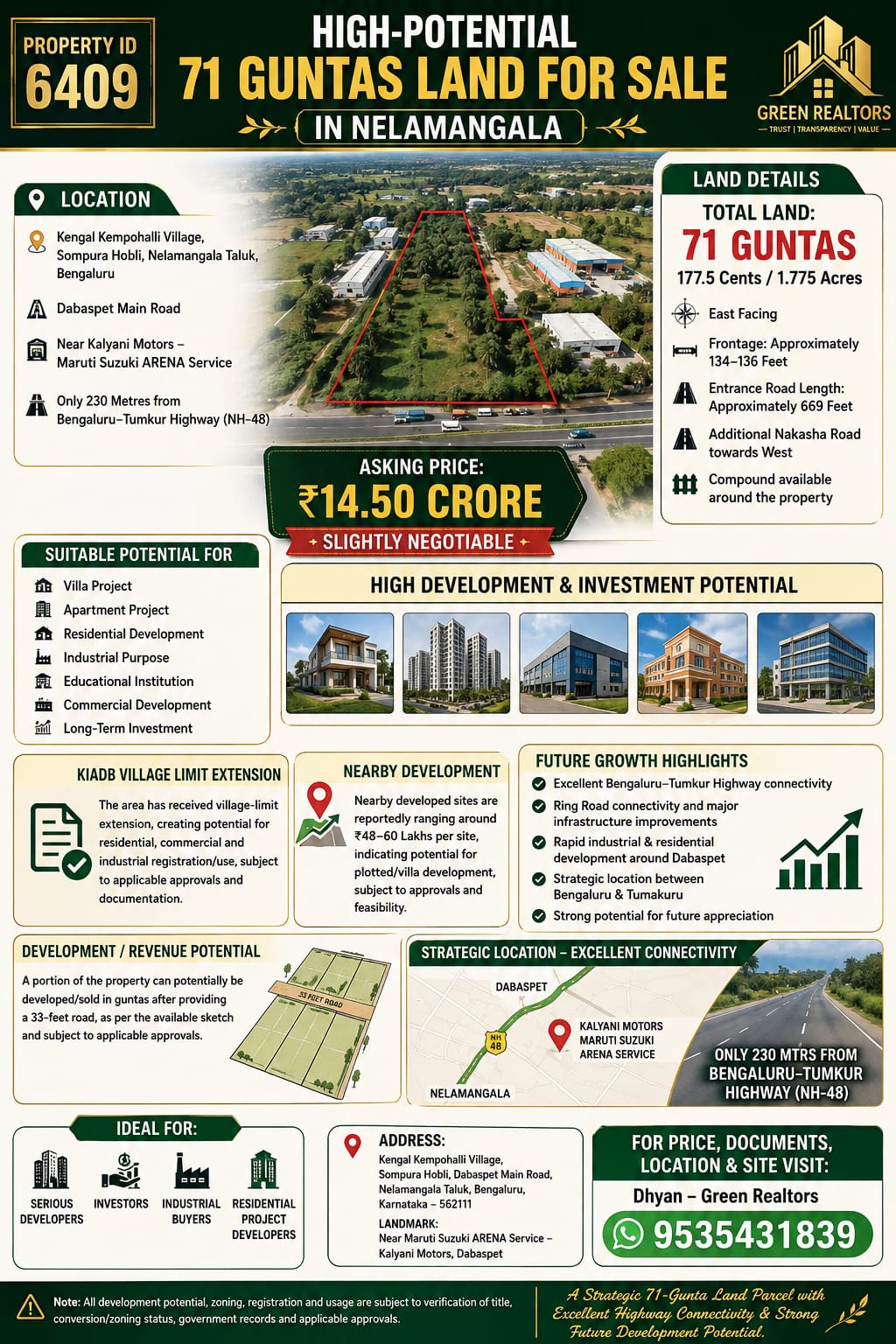 🆔 *PROPERTY ID – 6409*  🏗️🔥 *HIGH-POTENTIAL 71 GUNTAS LAND FOR SALE IN NELAMANGALA