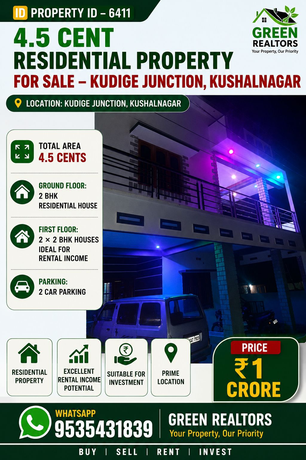 🆔 *PROPERTY ID – 6411*  🏡 *4.5 CENT RESIDENTIAL PROPERTY FOR SALE – KUDIGE JUNCTION, KUSHALNAGAR