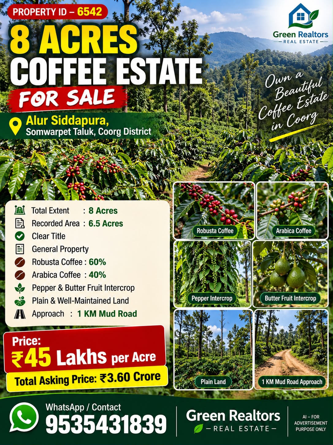 🆔 PROPERTY ID – 6542  🌿☕ *8 ACRES COFFEE ESTATE FOR SALE – ALUR SIDDAPURA, COORG*