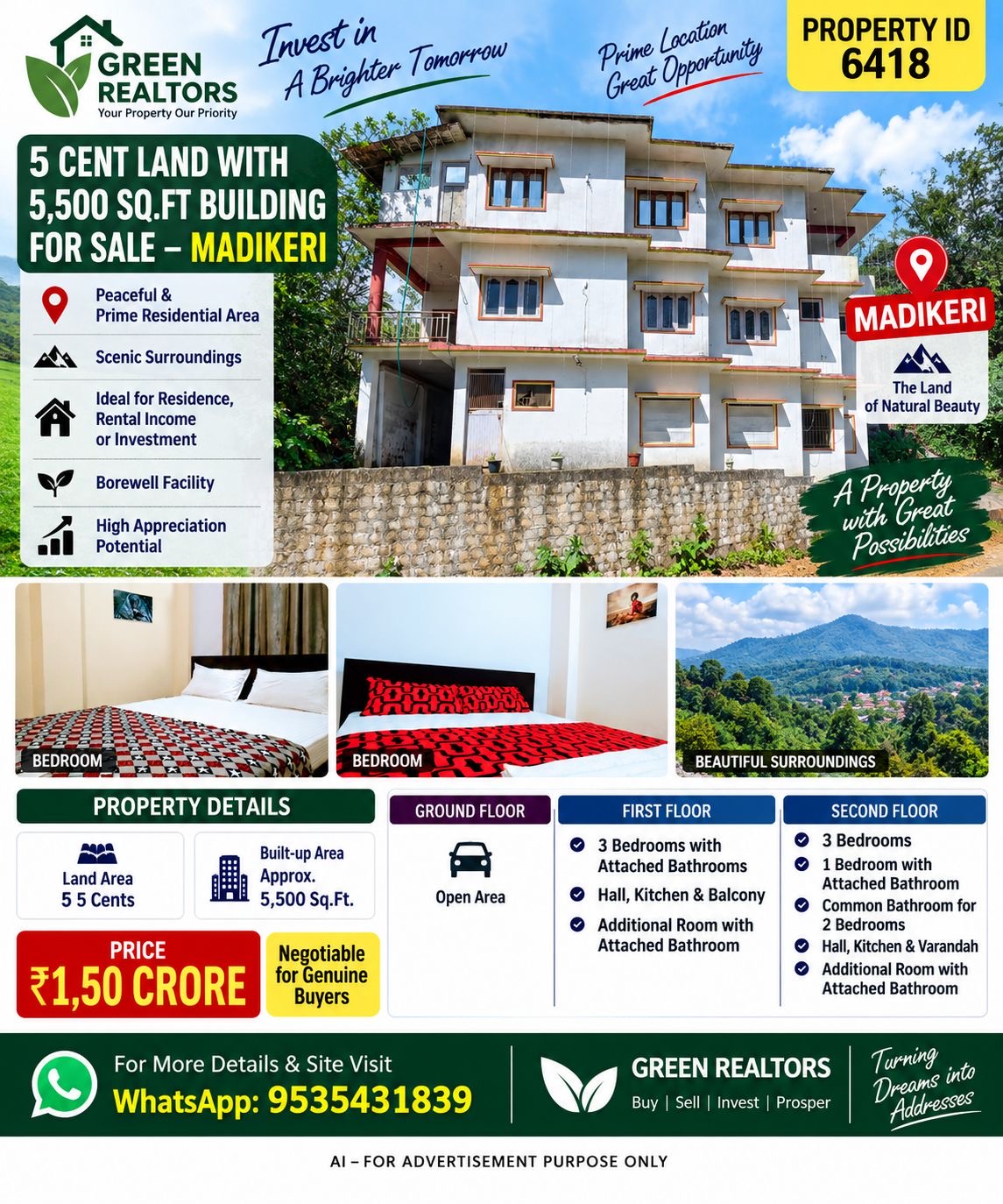 🆔 PROPERTY ID – 6418  🏢🏡 5 CENT LAND WITH 5,500 SQ.FT BUILDING FOR SALE – MADIKERI 🏡🏢