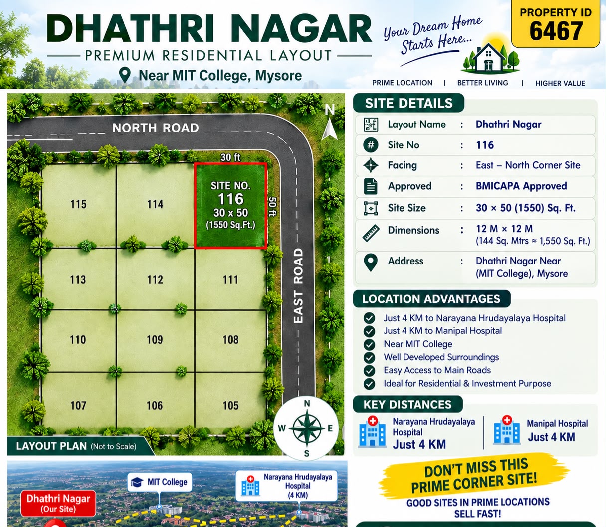 🏡 *PROPERTY ID – 6467*  *BMICAPA APPROVED EAST & NORTH FACING CORNER SITE FOR SALE – DHATHRI NAGAR, l
